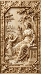 Fototapeta premium Intricate classical relief carving of seated woman and angel