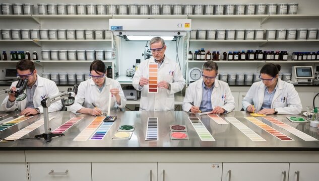Color matching lab featuring experts examining drawdowns on paper strips evaluating wet paint samples to replicate exact shades for quality control.