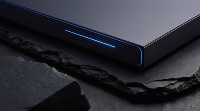 Sleek dark tech gadget with blue light accent rests on rough slate. Minimalist design shows clean lines and ribbed detail. Modern electronics concept.