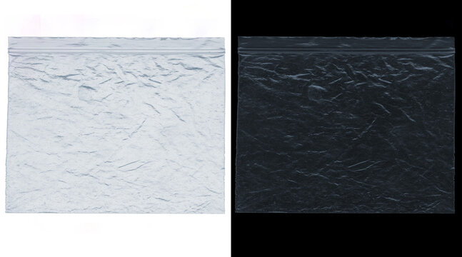Crumpled plastic bag texture set, transparent polyethylene film on white and black background, wrinkled poly bag mockup for graphic design overlays