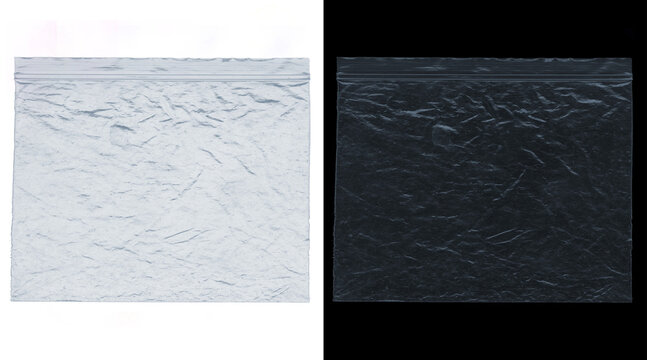 Crumpled plastic texture overlay, wrinkled transparent poly bag on white and black background, set of 2 realistic polyethylene film mockups for design