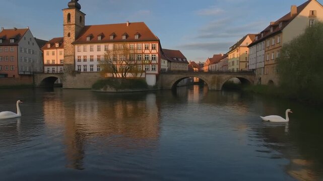 Cinematic Slow Tracking Shot Regnitz River Bamberg Germany Historic Town Hall Reflection Loop