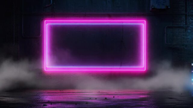 Glowing neon frame flickering with vibrant pink and blue hues in a dark urban setting vibrant lights