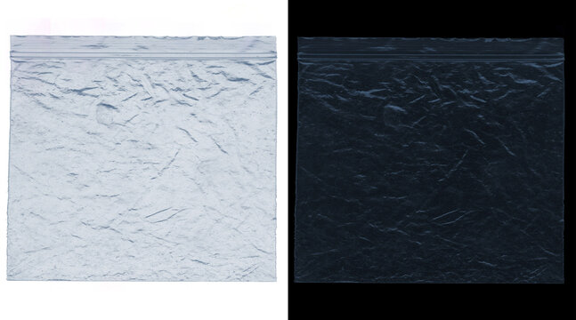 Crumpled plastic bag texture on white and black background, wrinkled transparent poly bag mockup, empty zip lock storage pouch for product packaging