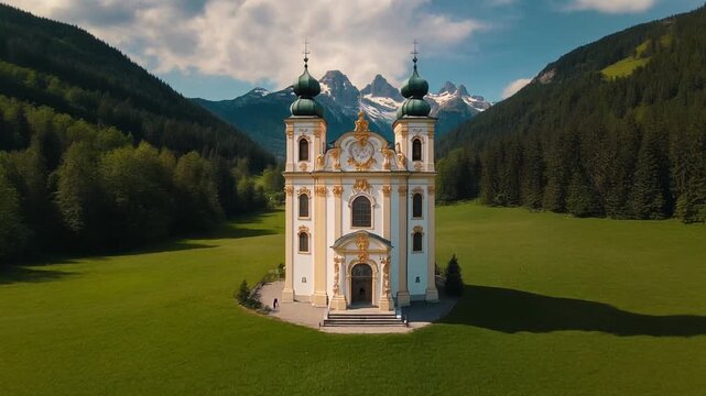 Cinematic Slow Aerial Approach Wieskirche Pilgrimage Church Bavarian Alps Foothills Loop