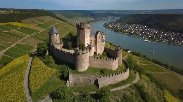 Cinematic Aerial Drone Orbit Marksburg Castle Hilltop Rhine River Germany Medieval Loop