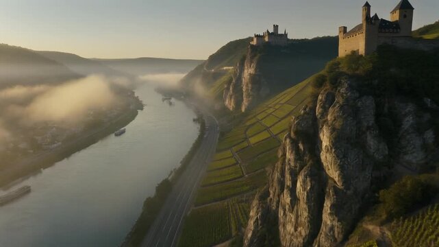 Cinematic Slow Aerial Glide Rhine Valley Germany Passing Loreley Rock Formation Legend Loop