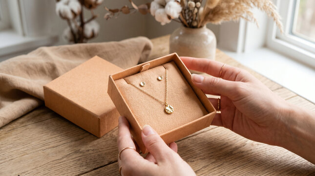 Hands holding a jewelry gift box with a gold necklace and earrings set on a wooden table