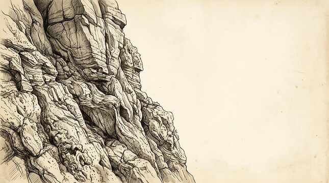 Hand drawn sketch of steep mountain cliff side on vintage paper