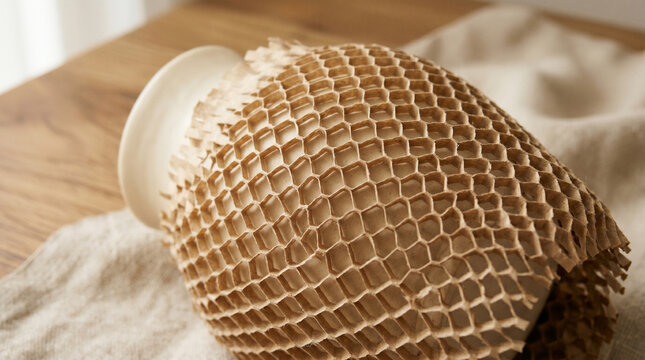Closeup of a ceramic vase wrapped in protective honeycomb kraft paper for shipping and packaging