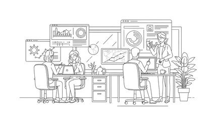 Obraz premium Business Team Working in Modern Office with Data Dashboards and Analytics Charts Line Art Illustration
