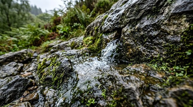 Fresh mountain spring water trickling over mossy rocks in a lush forest