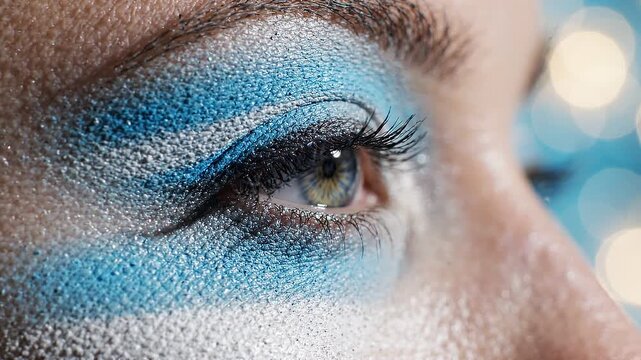 Argentinean Woman Eyebrow Close-Up with Digital Blue Data Pattern on Eyelid, Macro Eye Concept
