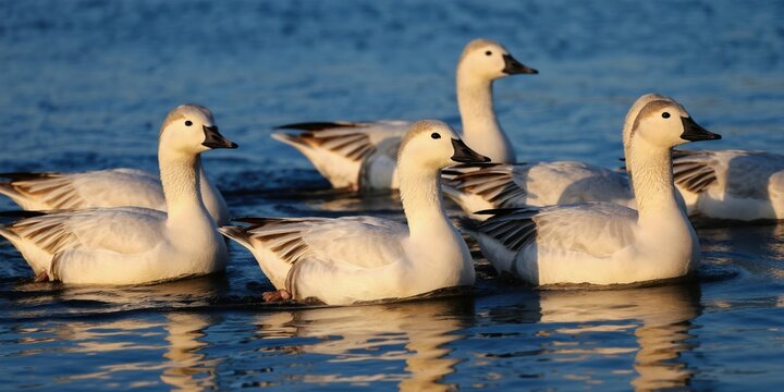 Group of white snow geese swim on blue water surface. Birds move together on pond or lake. Wildlife scene with waterfowl in natural habitat. Calm water reflects sunlight on birds.