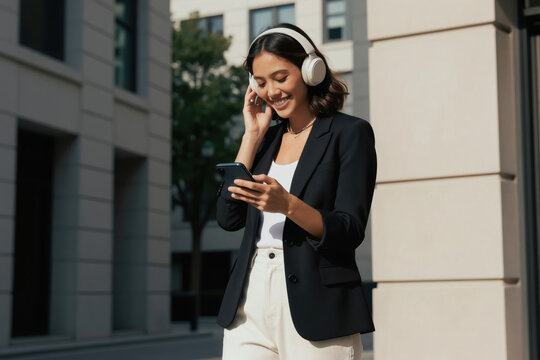 Smiling woman wears white headphones and holds smartphone. She listens music and looks at phone screen while walking on city street. Casual business attire suits her.