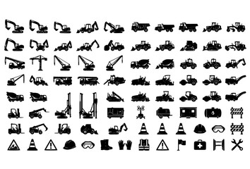 Obraz premium Construction vehicles and machinery icons silhouette set with excavator dump truck bulldozer crane roller tools and safety equipment vector