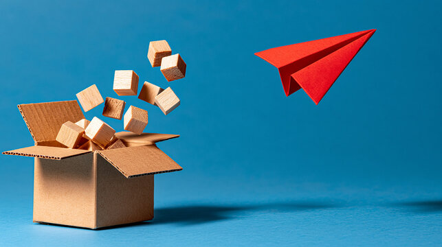 Thinking Outside the Box: A red paper airplane soars towards a blue sky, leaving behind a scattering of cardboard cubes that have just escaped an open box, symbolizing innovation and new ideas.