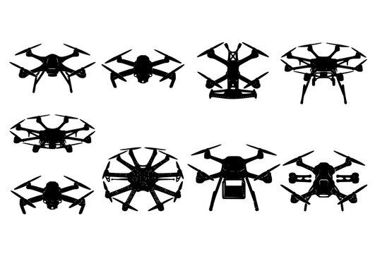 Drone Quadcopter Hexacopter Octocopter Silhouette Icon Set Black Vector UAV Collection Front View