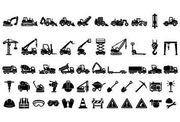 Heavy construction machinery and work tools black silhouette icons set featuring excavator crane dump truck roller shovel and safety equipment © Abddulah