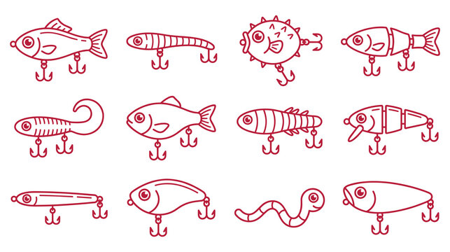 Fishing lures in different shapes and styles with hooks for catching fish.