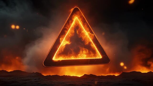 Glowing fiery triangle rising from molten ground with smoke sparks and intense heat effect