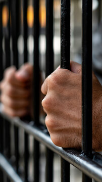 Behind Bars: A close-up shot of a person's hands gripping prison bars, conveying a sense of confinement and loss of freedom.