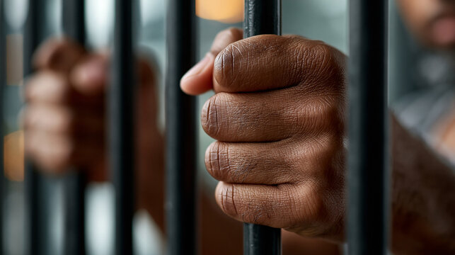 Captive Hand: A close-up shot focuses on a dark-skinned hand gripping prison bars, conveying a sense of confinement and despair.