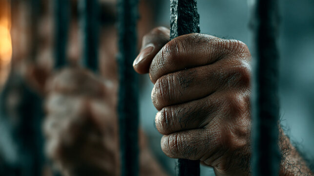Imprisoned Hope: A close-up shot captures a weathered hand gripping the cold, rough bars of a prison cell, symbolizing confinement, despair, and the desperate longing for freedom.