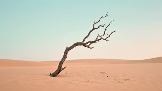 Lonely dry tree in vast sandy desert under clear sky with smooth dunes landscape