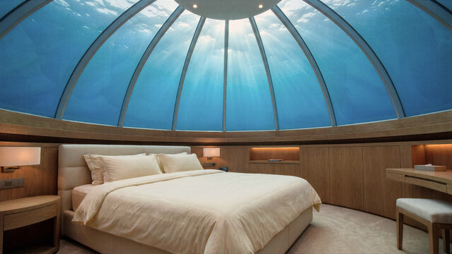 Luxury underwater resort interior with a premium bed placed inside a circular glass dome under blue ocean water