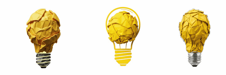 Set of creative yellow crumpled paper formed into lightbulb shape isolated on transparent background innovative brainstorming idea metaphor element for business design concept © Tor