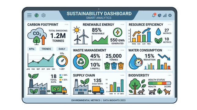 Sustainability Dashboard: Carbon Footprint, Renewable Energy, Resource Efficiency, Waste Management