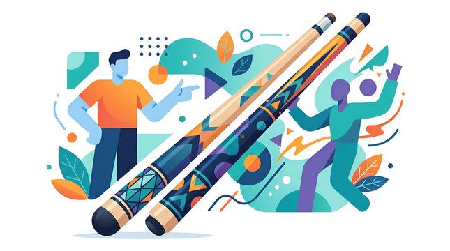 Colorful billiards players and abstract pool cue vector design