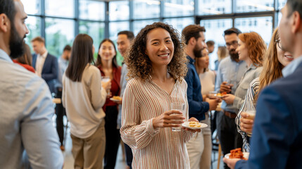Fototapeta premium Networking Event Mixer: A diverse group of professionals mingling and networking at a lively indoor event, holding drinks and appetizers, with a woman smiling at the camera in the foreground.