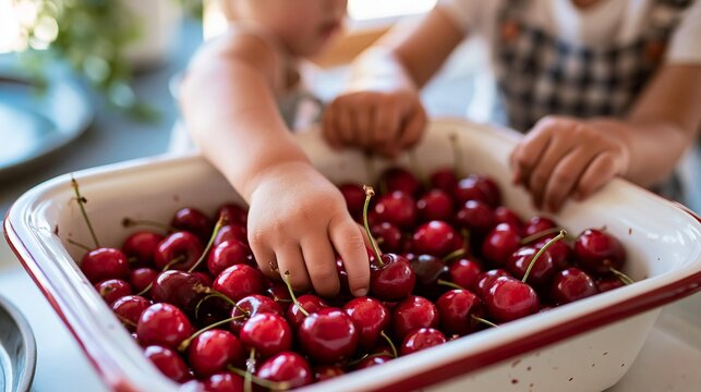 Child's hand picking ripe red cherries from a white enamel bowl. Close-up of fresh fruit in a rustic kitchen setting. Healthy summer snack and food preparation concept