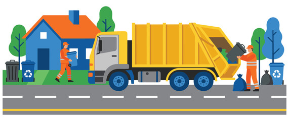Fototapeta premium Garbage truck collecting refuse on street from house in suburban neighborhood, sanitation workers.