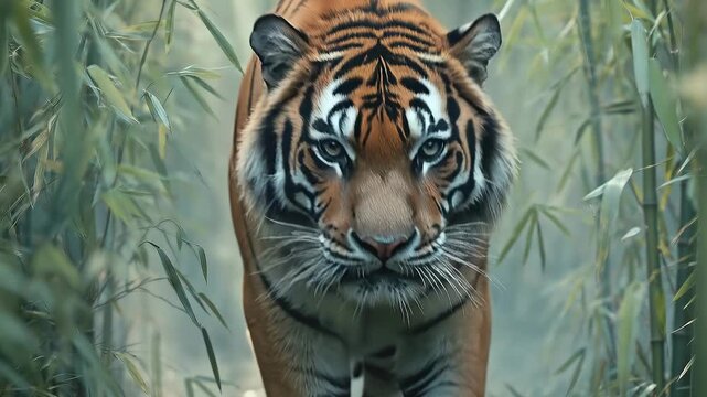 Tiger walking through bamboo forest close-up portrait