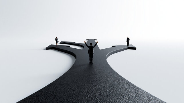 Pathways to Decision: A lone figure stands at a crossroads, silhouetted against a white background, with three distinct paths leading in different directions. The scene evokes a sense of choice.