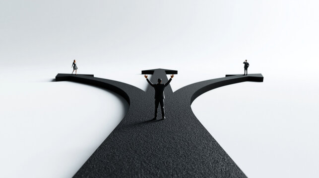 Decision Crossroads: A lone figure stands at a stark crossroads, symbolizing the weight of choice and the diverging paths of life's journey.
