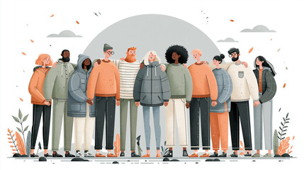 Fototapeta premium A Diverse Collective: A vibrant group of individuals, representing various ethnicities and backgrounds, stand together in solidarity, their arms around each other.