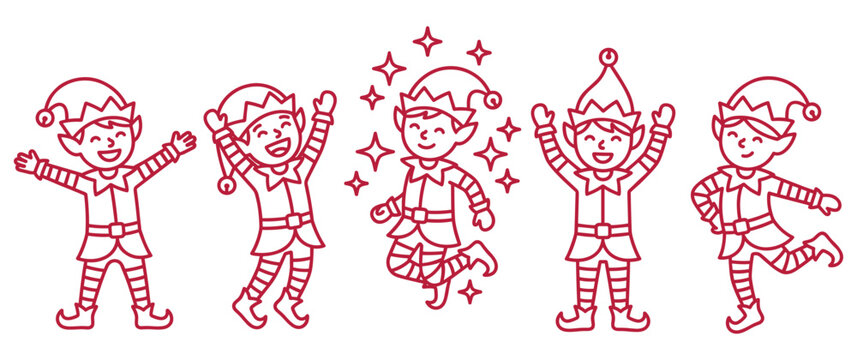 Five happy smiling elves wearing christmas hats. santa claus helpers. new year characters set.