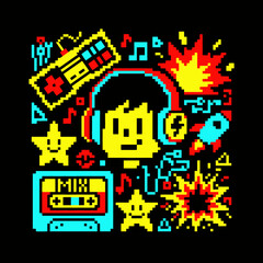 Obraz premium Retro Pixel Art Gamer Boy with Headphones Cassette Tape and Gaming Controller Illustration.