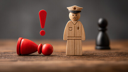 Obraz premium Disappointed Officer and Fallen Pawn: A wooden figurine of a uniformed officer stands dejected, beside a fallen red pawn and an exclamation mark, with a black pawn in the background.