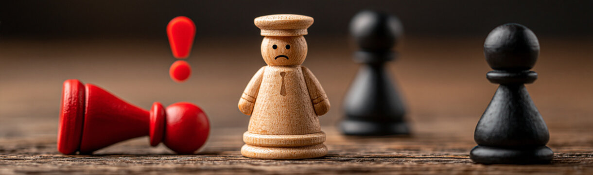 The Game's End: A red chess piece lies defeated beside a contemplative white chess piece, with black pawns observing the scene, conveying a sense of strategic loss and introspection.