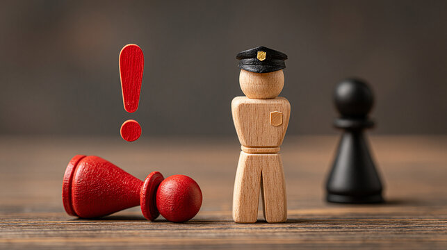 Exclamation of Justice: A wooden police figure stands guard over a fallen red pawn, symbolizing the defeat of injustice, while a black pawn watches from the background.