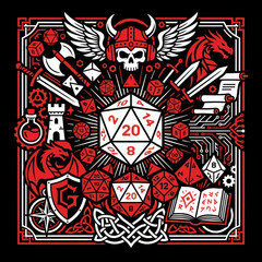 Obraz premium Tabletop Roleplaying Game Illustration with Polyhedral Dice Skull Dragon and Fantasy Weapons in Red and White.
