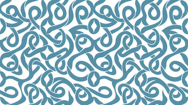 Seamless pattern with intertwined blue ribbon-like curves on a clean white background, for textile prints