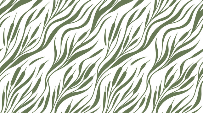 Seamless pattern with olive green cattail plants and wavy leaves on a white background