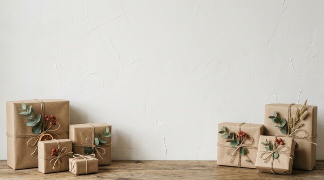 Minimalist eco friendly Christmas gifts on rustic wooden table