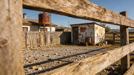 Fototapeta premium Rustic rural farmstead with weathered wooden fence and old water tank under clear blue sky
